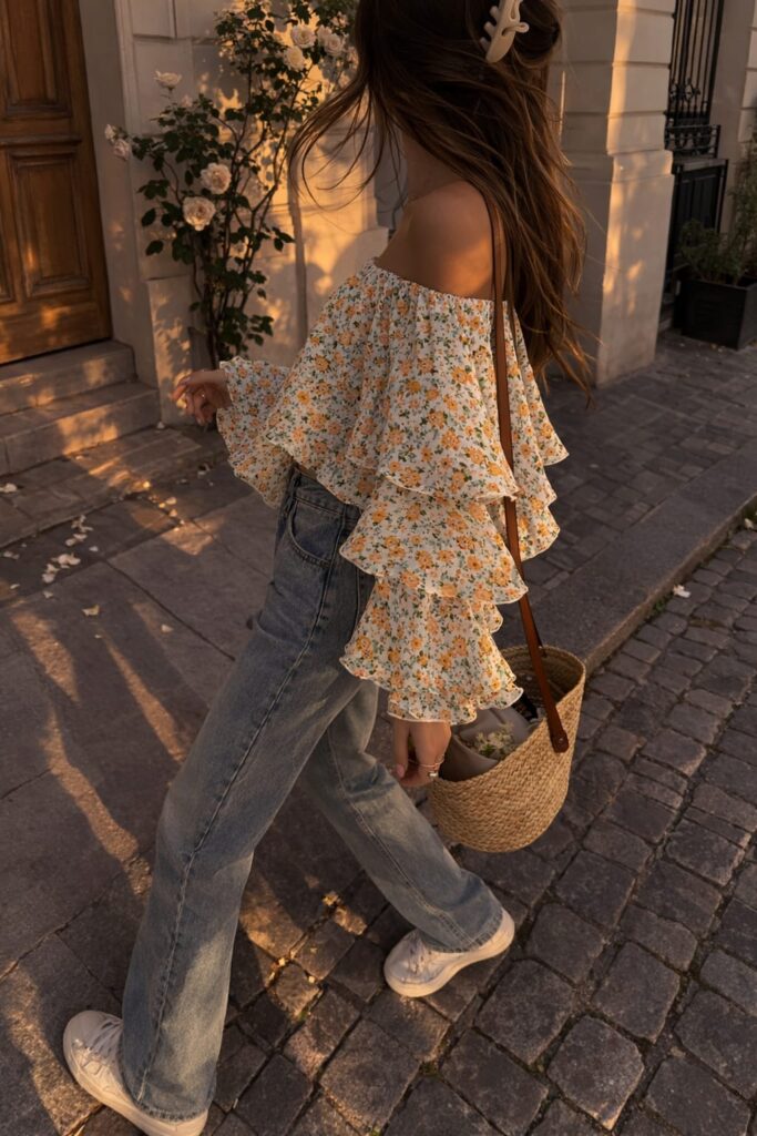Floral off shoulder tops for women with ruffle sleeves styled with wide leg jeans for a soft romantic look