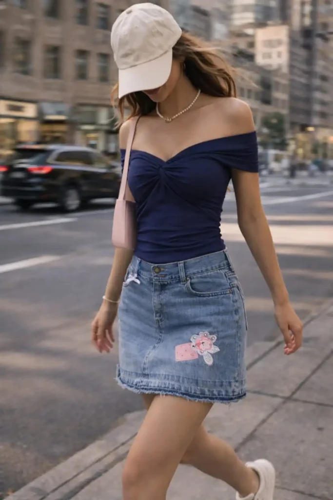 Blue soft romantic off shoulder tops for women styled with denim skirt for casual daytime outfit