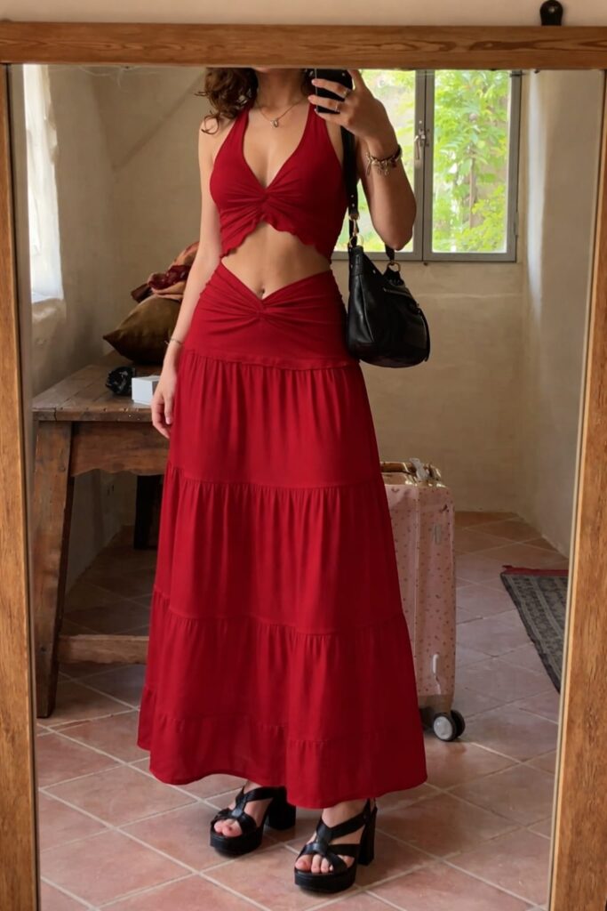 Women wearing a bold red halter neck two piece set, perfect for date night and glamorous summer styling