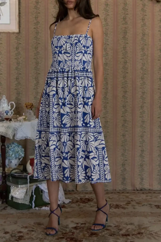 Blue floral patterned strappy summer dress perfect for effortless outfits