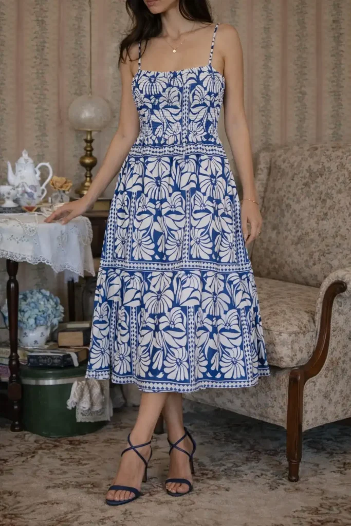 Blue white patterned strappy summer dress with flowy midi silhouette