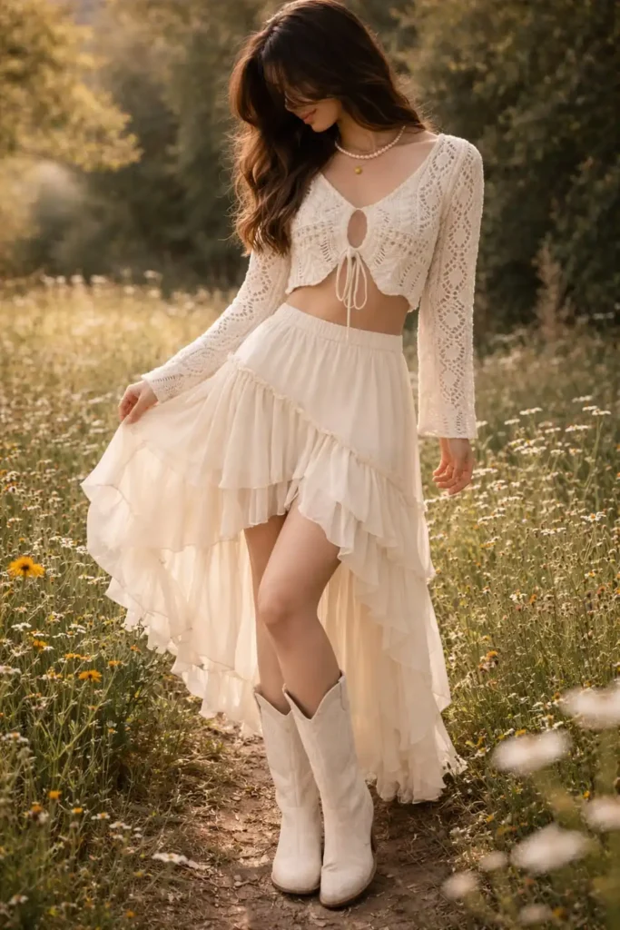 Trendy boho Y2K skirts inapired by early 2000s fashion