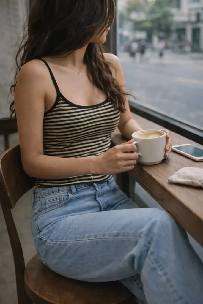 Casual striped camisole tops for women styled with light blue jeans for effortless summer outfit