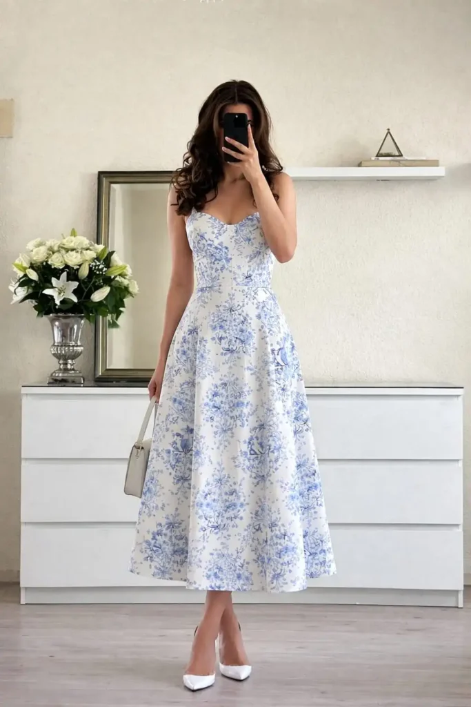 Classic blue floral strappy summer dress with elegant midi silhouette
