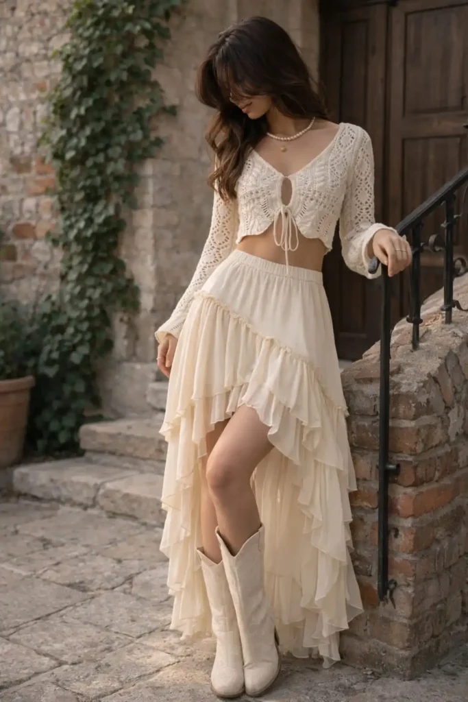 Cream boho style Y2K skirts with asymmetrical handkerchief hem