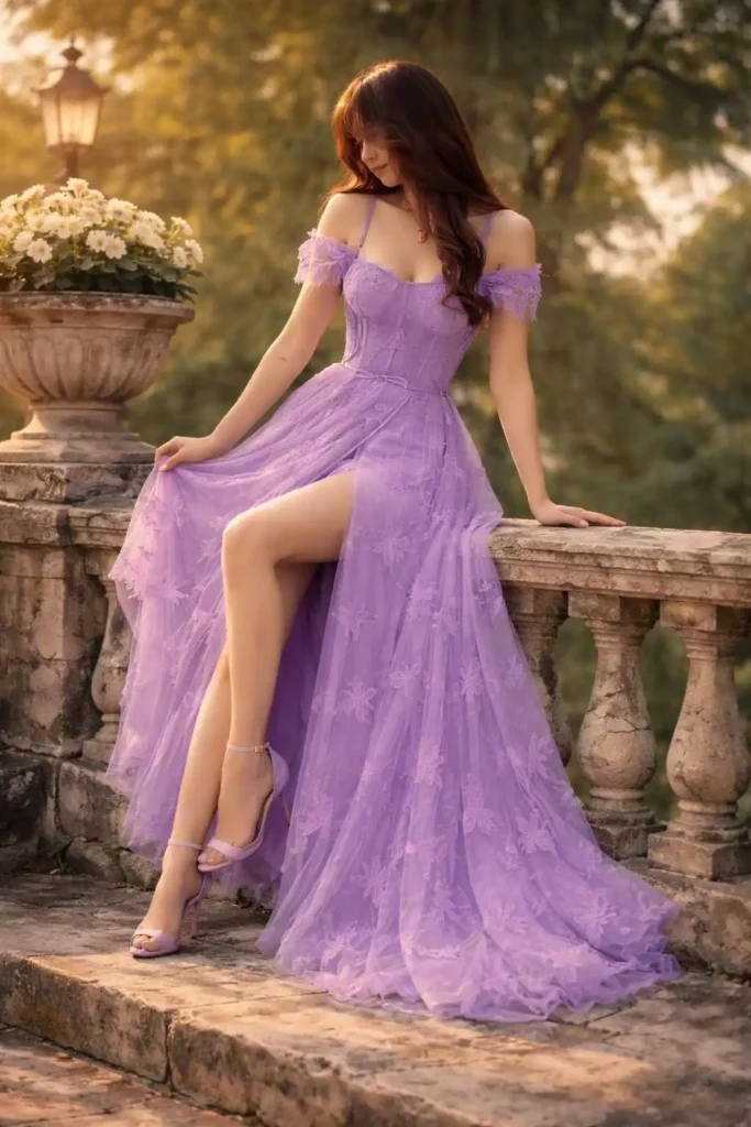 Dreamy lavender prom with butterfly applique and off shoulder sleeves