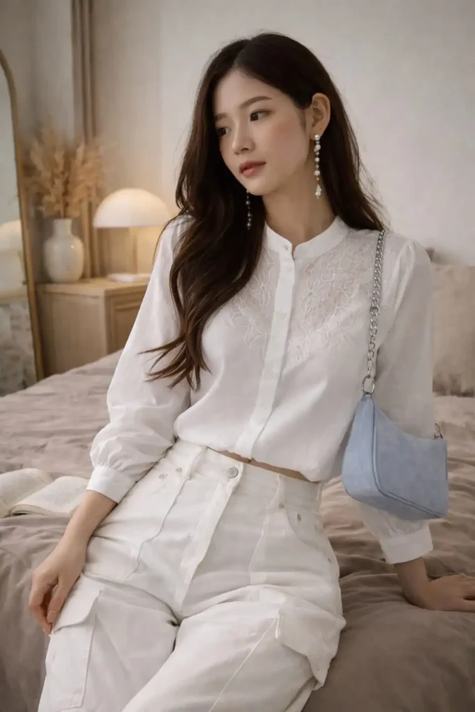 White linen blend blouse outfit clean minimal indoor look