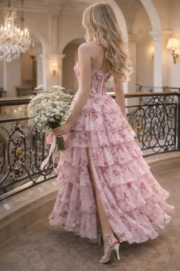 Elegant pink floral prom dress perfect for a dreamy garden inspired prom night