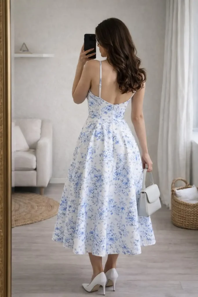 Blue and white strappy summer dress with femine classic summer style