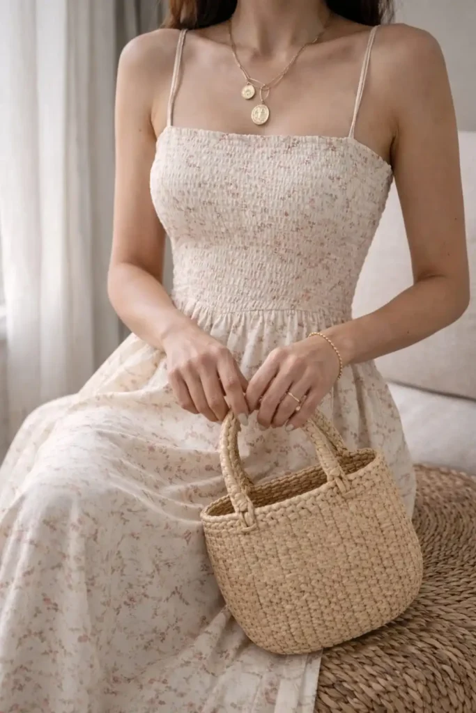 Lightweight cotton strappy summer dress with smocked bodice and midi skirt