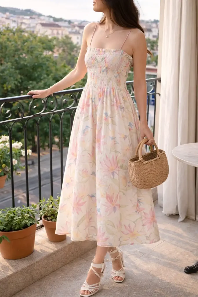 Floral strappy summer dress with smocked bodiice and flowy midi skirt
