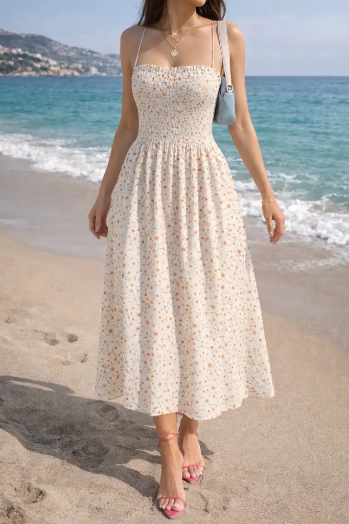 Romantic floral strappy summer dress with smocked bodice and flowy midi skirt