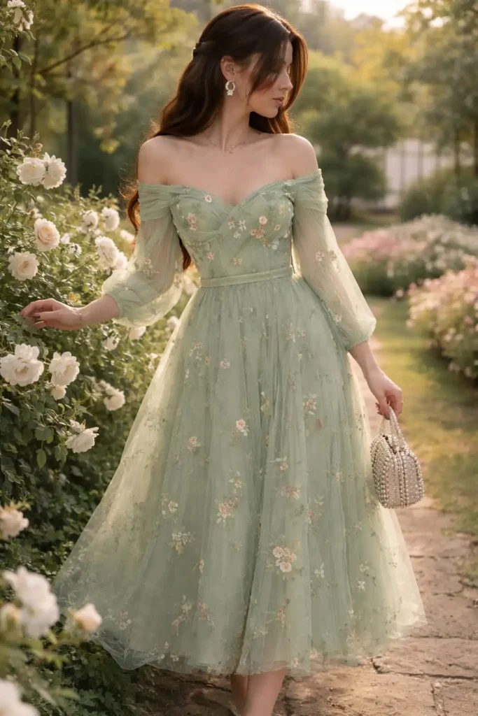 Romantic sage green tulle prom dress with sheer sleeves and delicate floral details