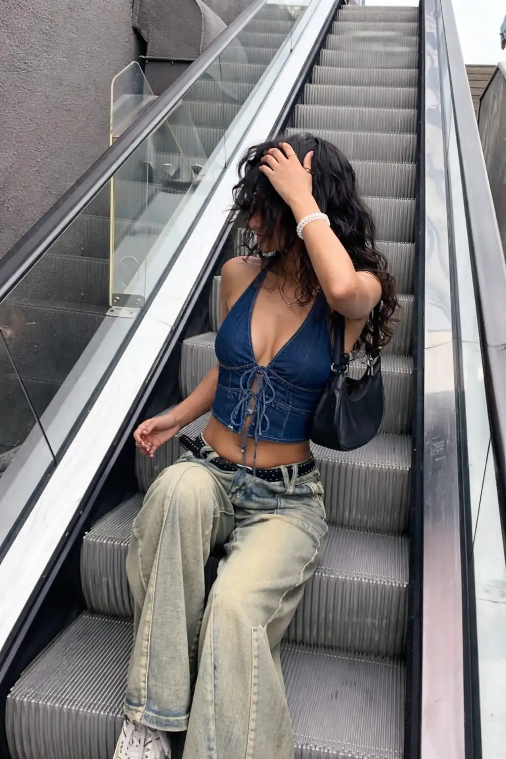 Ruched halter denim top drawwstring front flattering summer outfit idea