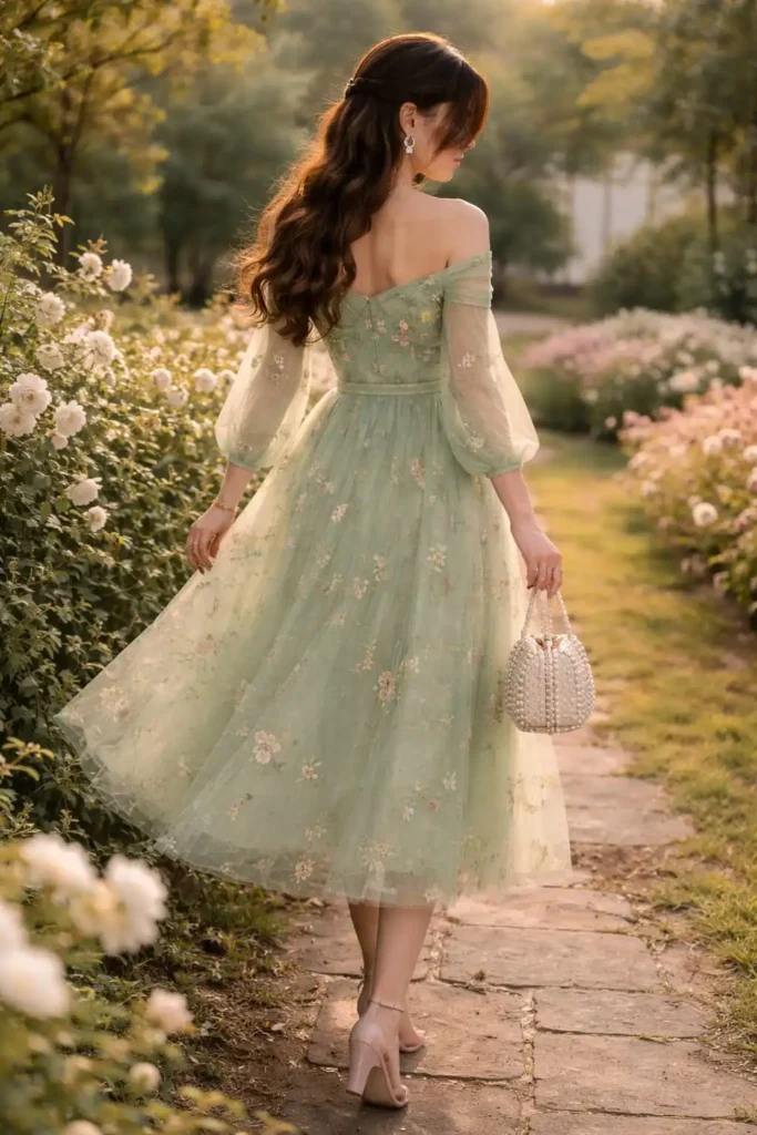 Sage green floral prom dress with off shoulder neckline and embroidered flowers