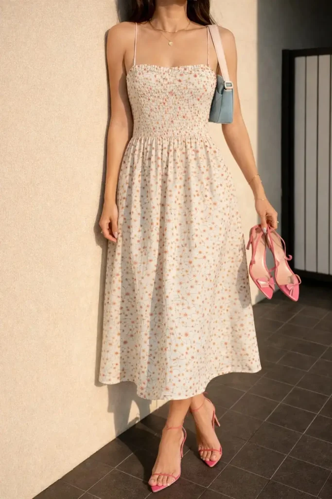 Lightweight floral strappy summer dress with soft romantic silhouette