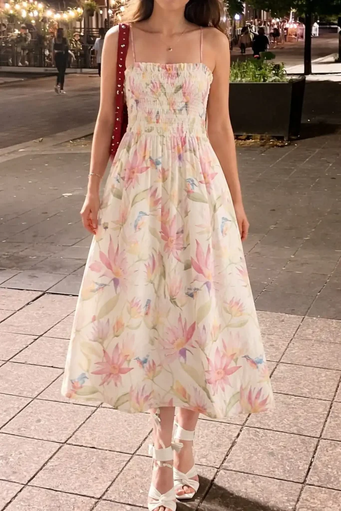 Soft floral strappy summer dress with lightweight femine midi silhouette