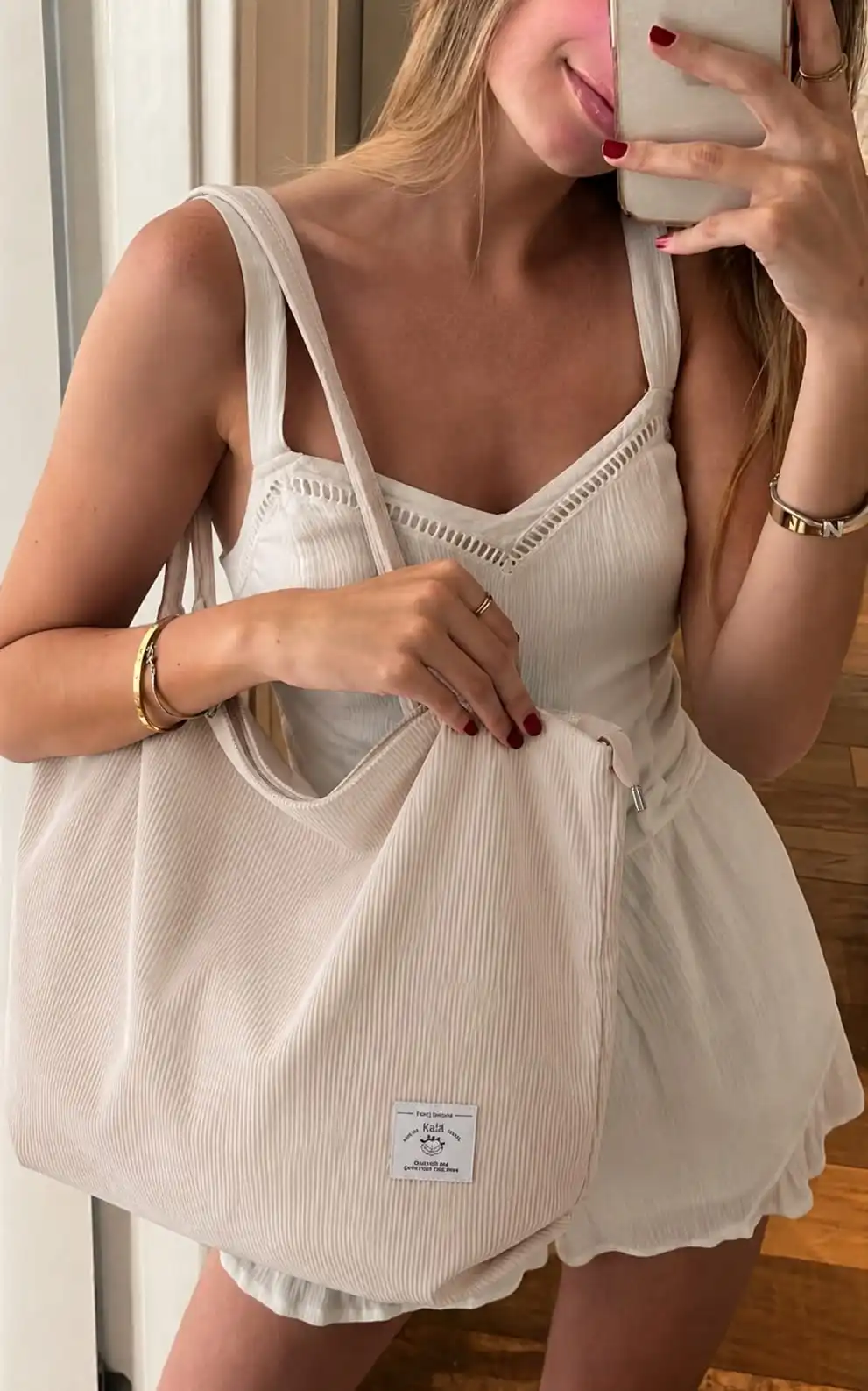 Trendy corduroy tote bag for women styled with casual outfits and everyday essentials