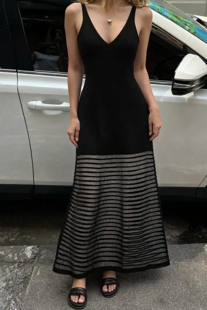 Black sleeveless sheer tulle midi dress for cocktail party outfit idea