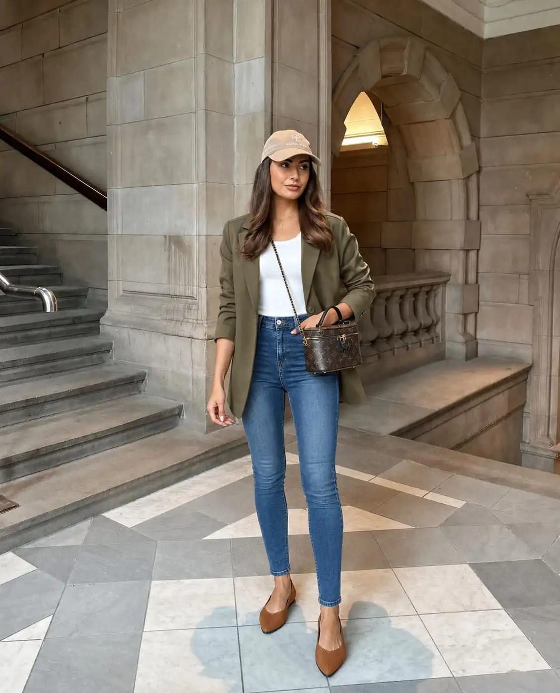 Woman styling a casual blazer with skinny jeans, tank top, and flats for a polished 60 degree weather outfit ideas.