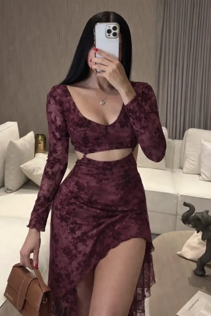 Burgundy asmmetric flocked tulle dress with cut out waist for romantic date night