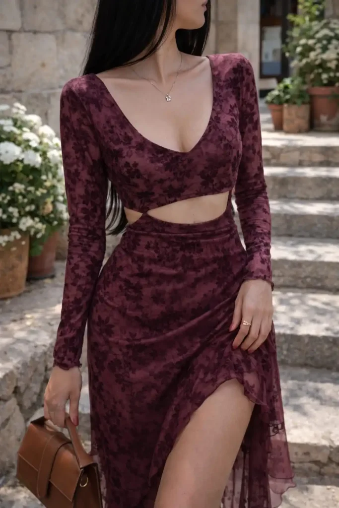 Burgundy asmmetric flocked tulle dress with cut out waist for romantic date night