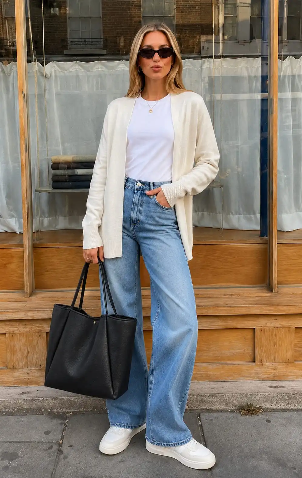 White t shirt with straight leg jeans, lightweight cardigan, sneakers, and tote bag for a versatile summer outfit