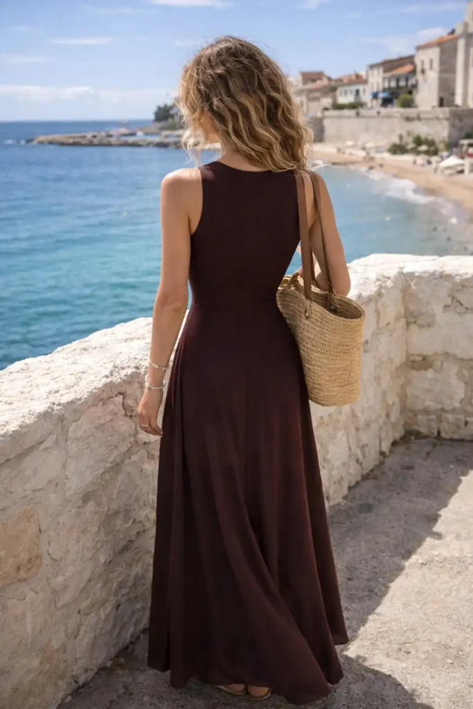 Dark brown long tulle combination dress for fall formal dinner and Thanksgiving outfit