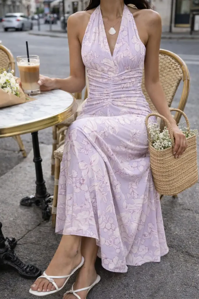 Lilac floral halter maxi dress for fall wedding guest outfit idea