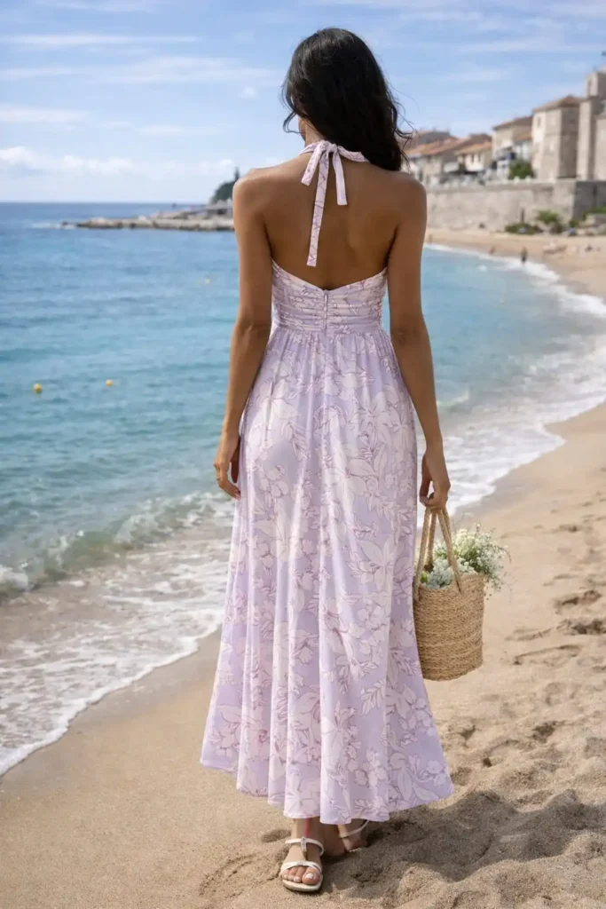Lilac floral halter maxi dress for fall wedding guest outfit idea