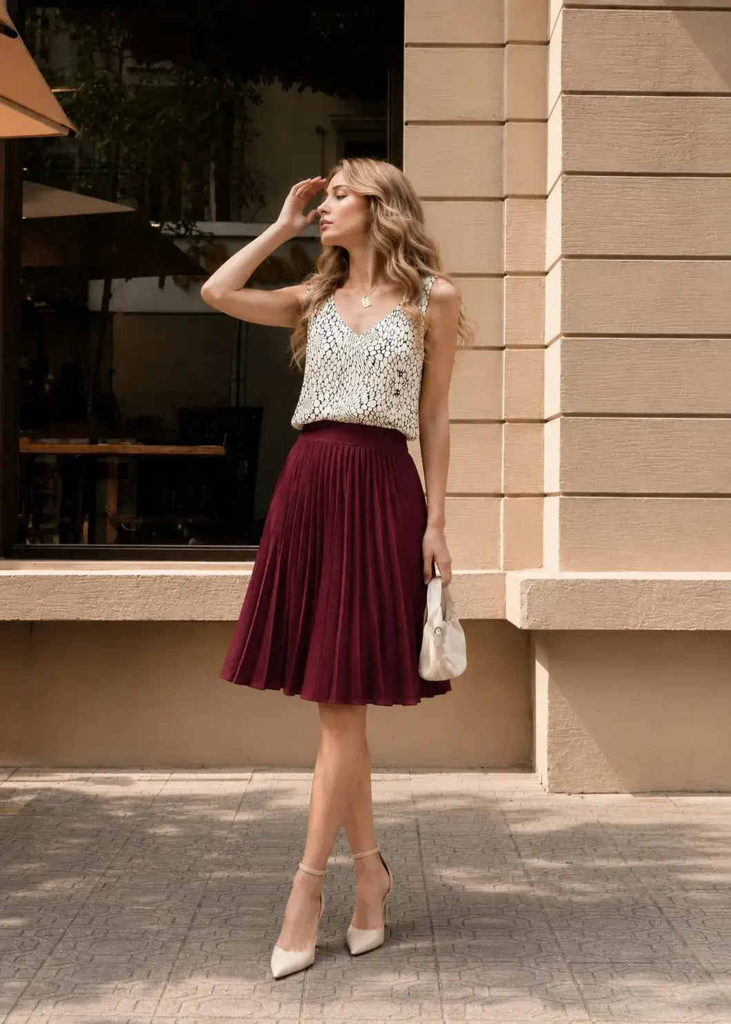 Burgundy pleated midi skirt paired with a satin floral cami top for an elegant graduation guest outfit idea.