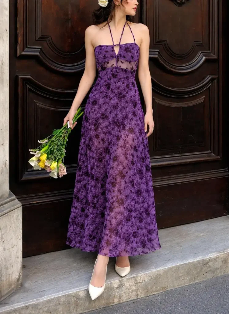 Purple flocked long tulle maxi dress for fall wedding guest and formal evening event