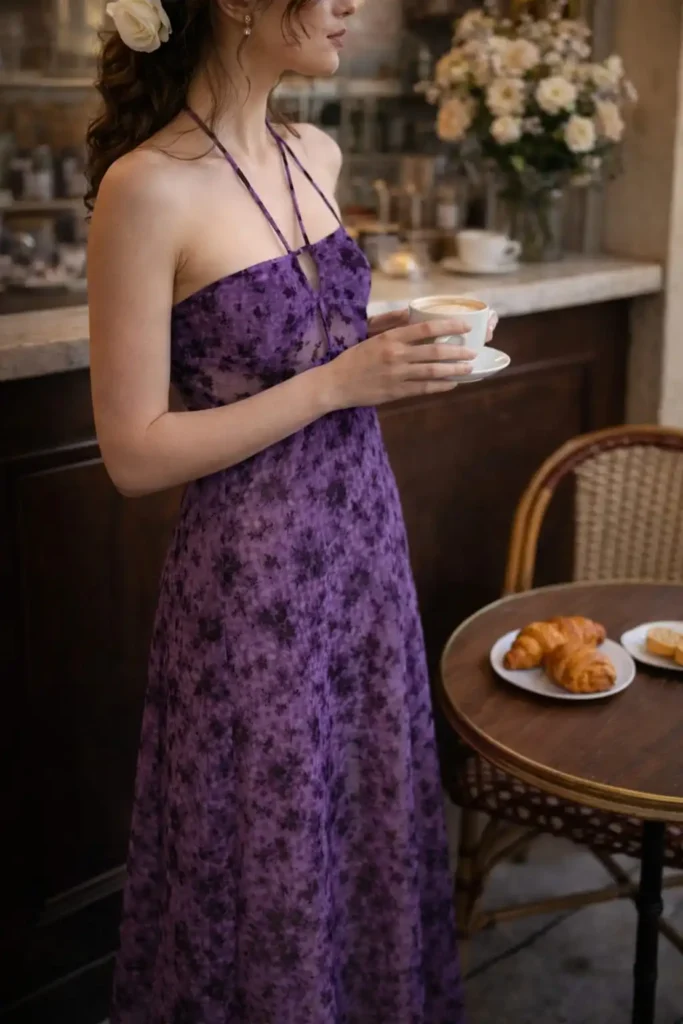 Purple flocked long tulle maxi dress for fall wedding guest and formal evening event