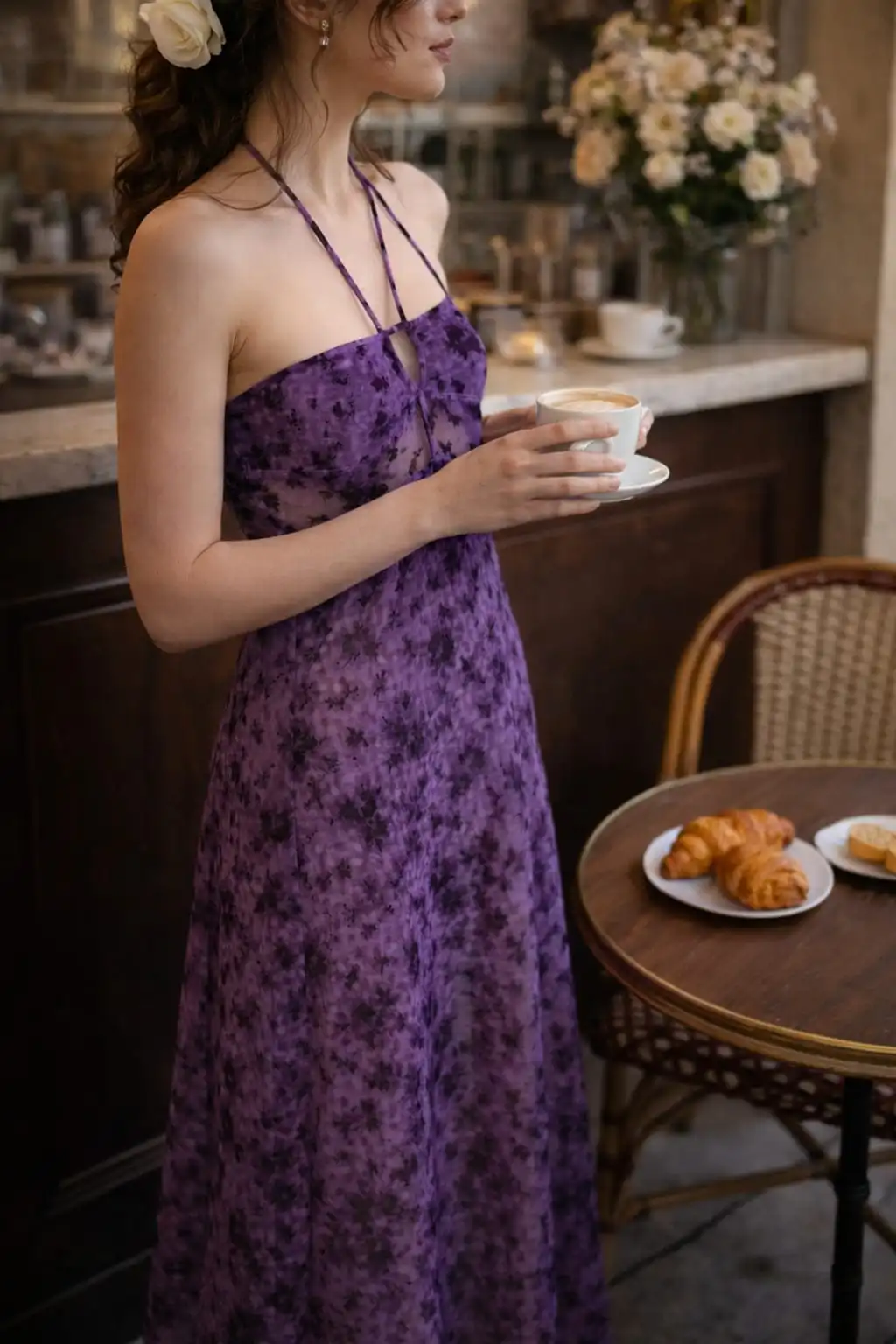 Purple flocked long tulle maxi dress for fall wedding guest and formal evening event