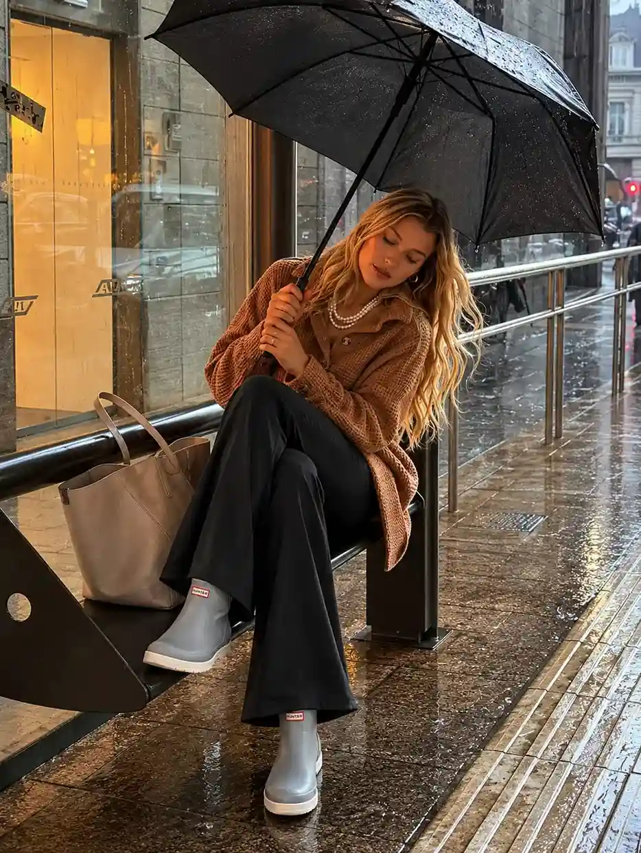 Woman wearing a waffle knit shacket, flared leggings, and waterproof rain boots for a practical rainy day spring outfit.