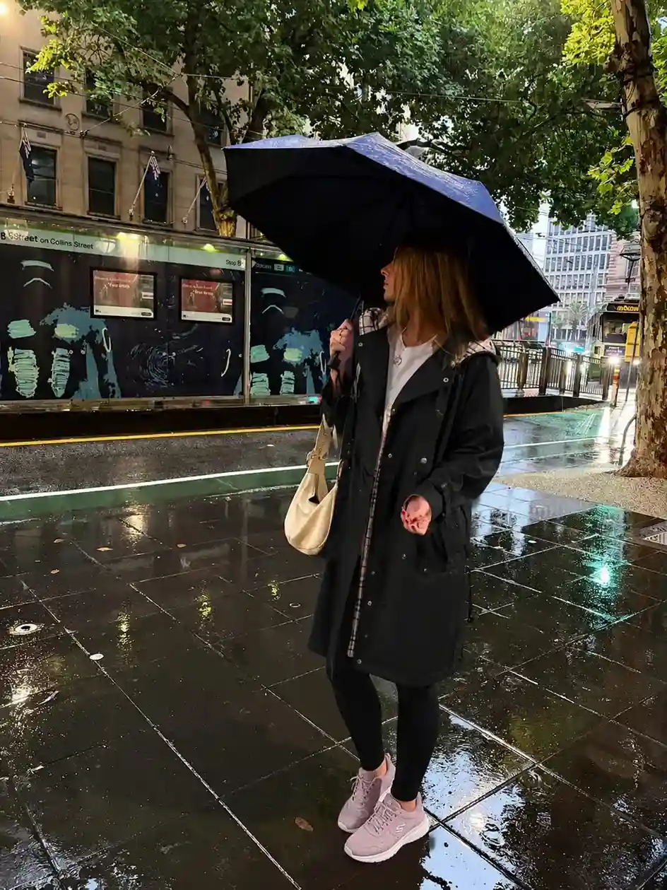 Woman wearing a waterproof rain jacket, leggings, and waterproof walking sneakers for a rainy day spring outfit.