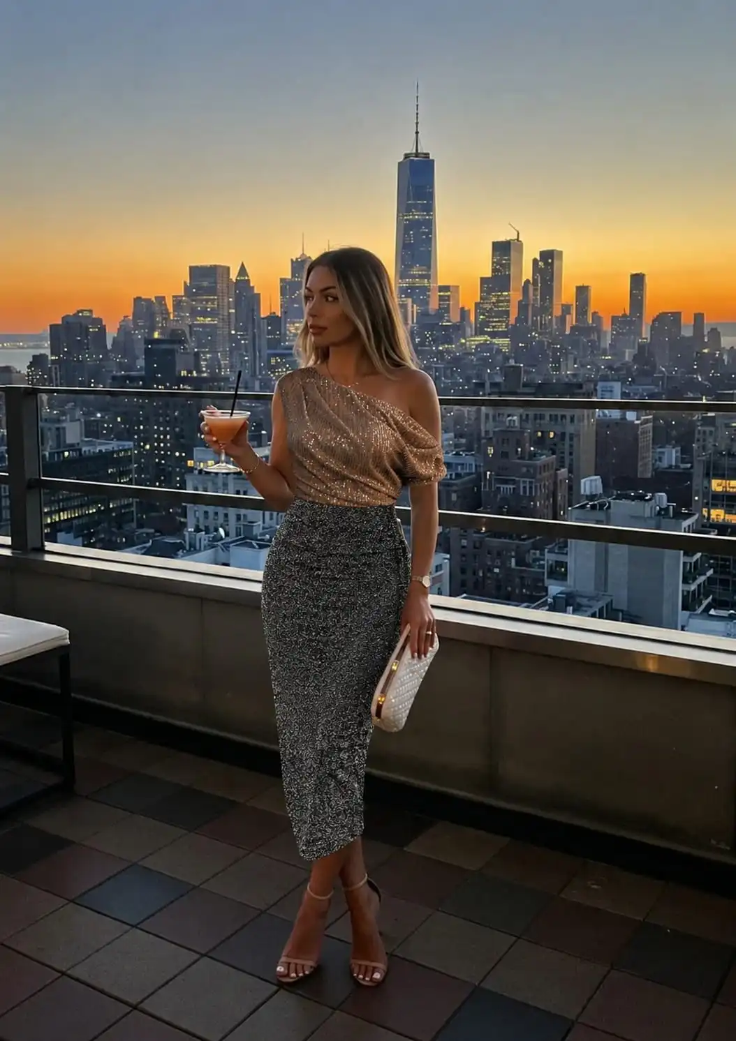 Woman wearing a one shoulder sequin top and black midi skirt for glamorous rooftop bar outfit ideas