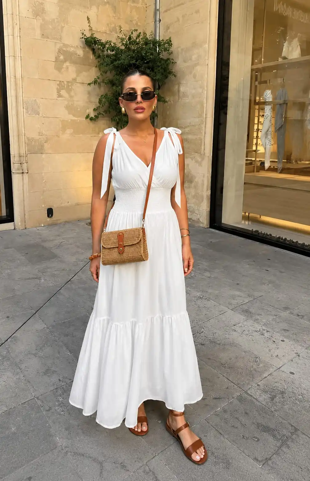 Woman wearing a white boho maxi dress with tie-shoulder straps, a woven rattan crossbody bag, and brown flat sandals, creating an elegant and expensive-looking summer outfit.
