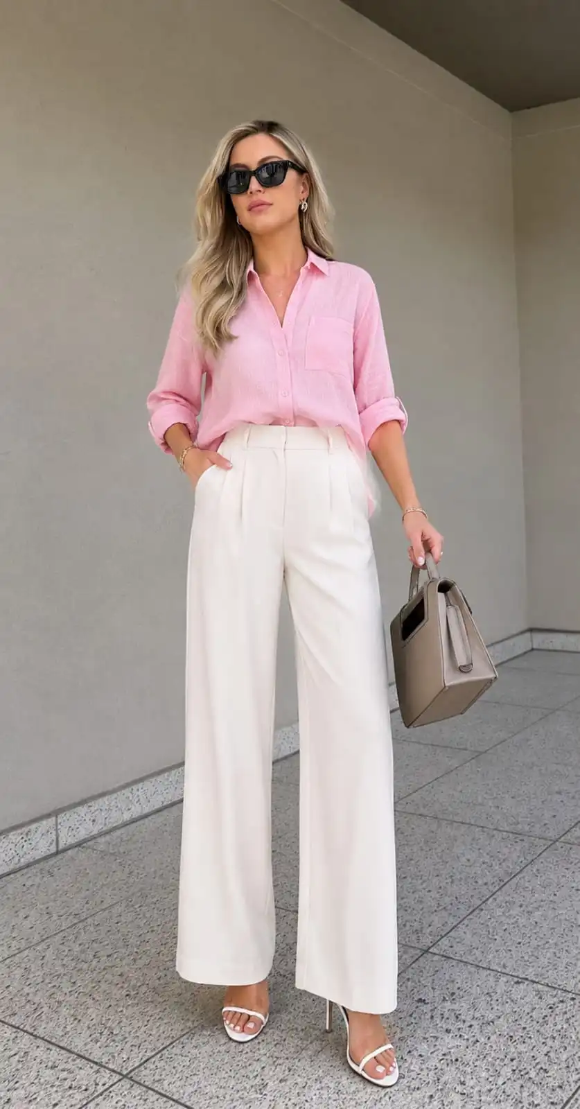 Woman styling white wide leg trousers with a pink button-down shirt for a fresh and sophisticated summer outfit.