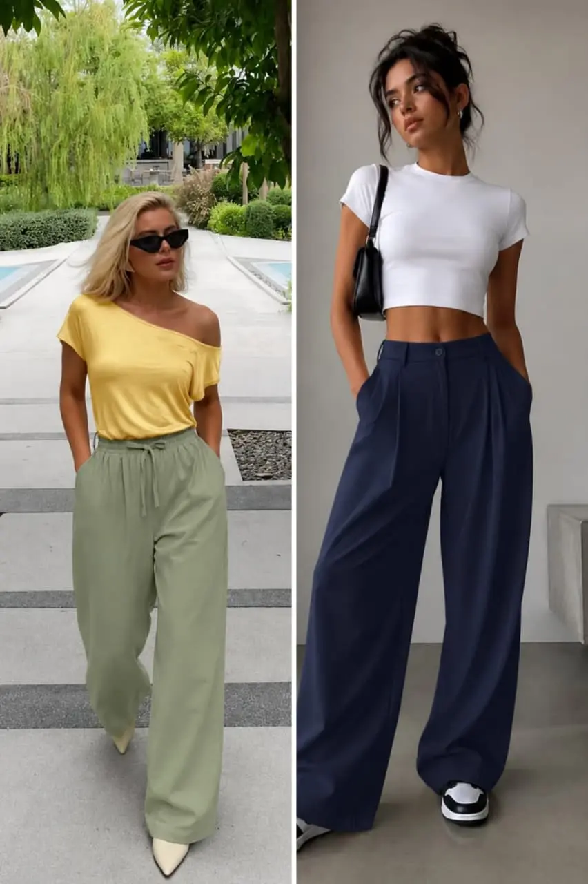 Six stylish wide leg trousers outfit ideas for summer featuring casual, business casual, and chic women's fashion inspiration.