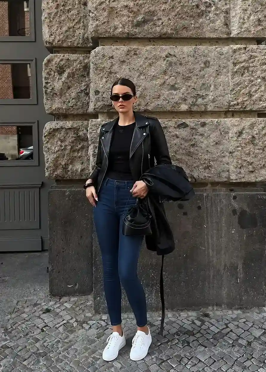 Woman wearing a black leather jacket with a black fitted top, dark skinny jeans, and white sneakers for a casual everyday leather jacket outfit in 2026.