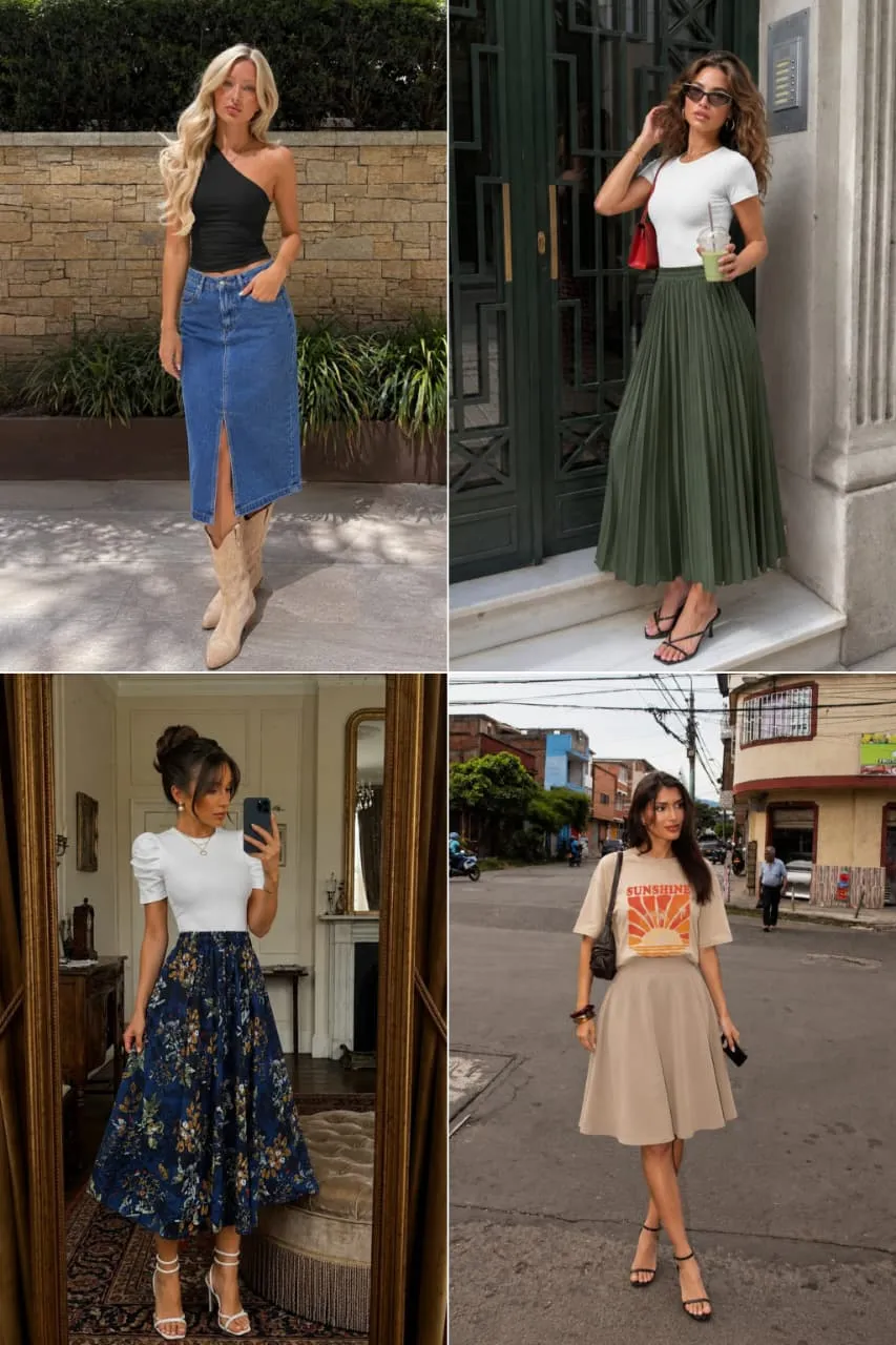 Collage of summer skirt outfit ideas
