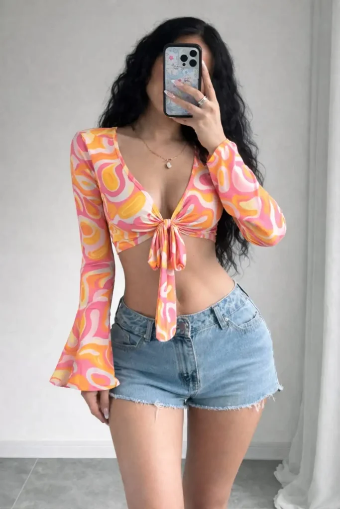 vibrant tie front bell sleeve top styled with denim shorts for beach party outfit