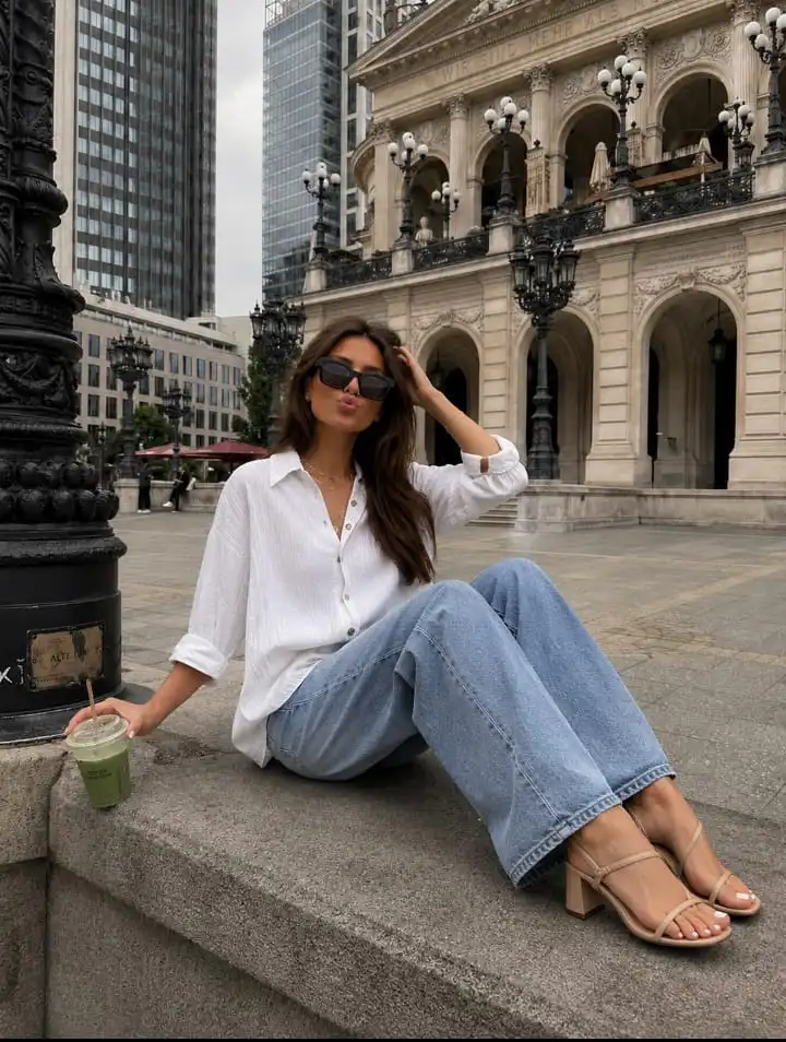 Woman wearing a white oversized button-down shirt with light wash wide-leg jeans and nude block heels as a timeless western outfit idea.