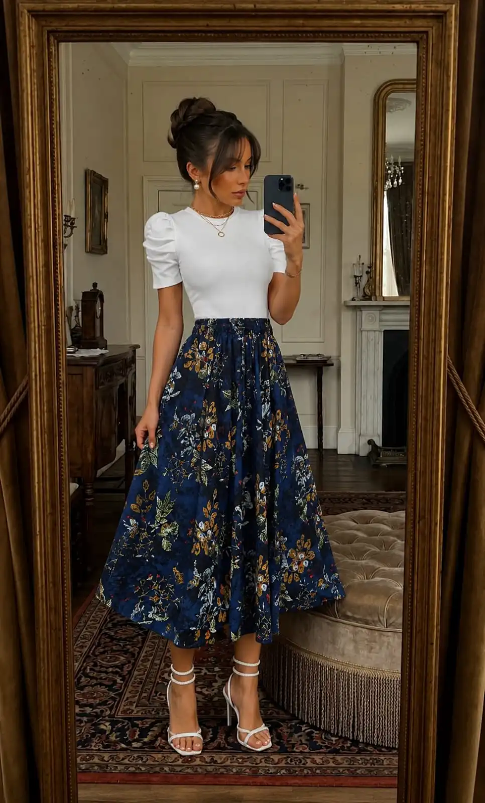 Woman wearing a white puff sleeve top with a blue floral maxi skirt, featuring a feminine summer skirt outfit idea for brunch, vacations, and garden parties.